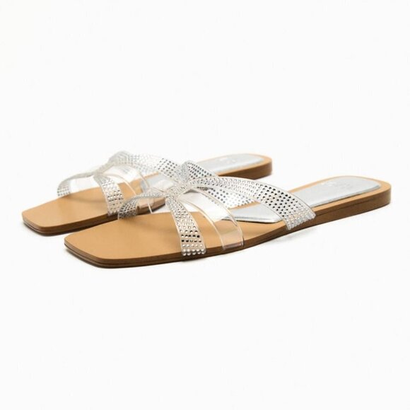 ZARA FLAT VINYL SLIDER SANDALS WITH RHINESTONES CLEAR SIZE 6 | 3656/110 - Picture 1 of 4